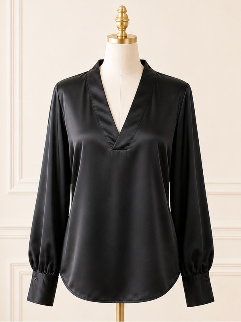 NWT SIMKHAI Black Satin V-Neck Blouse Long Sleeve Top Size 4